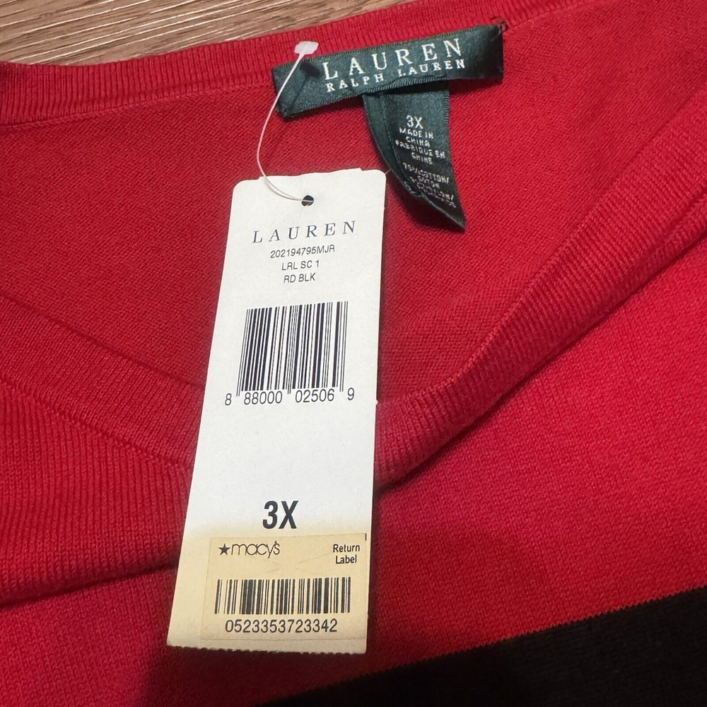 NWT Lauren Ralph Lauren Red/Black Stripe Sweater Size:3X Gold Buttons Crew Neck - Picture 7 of 12